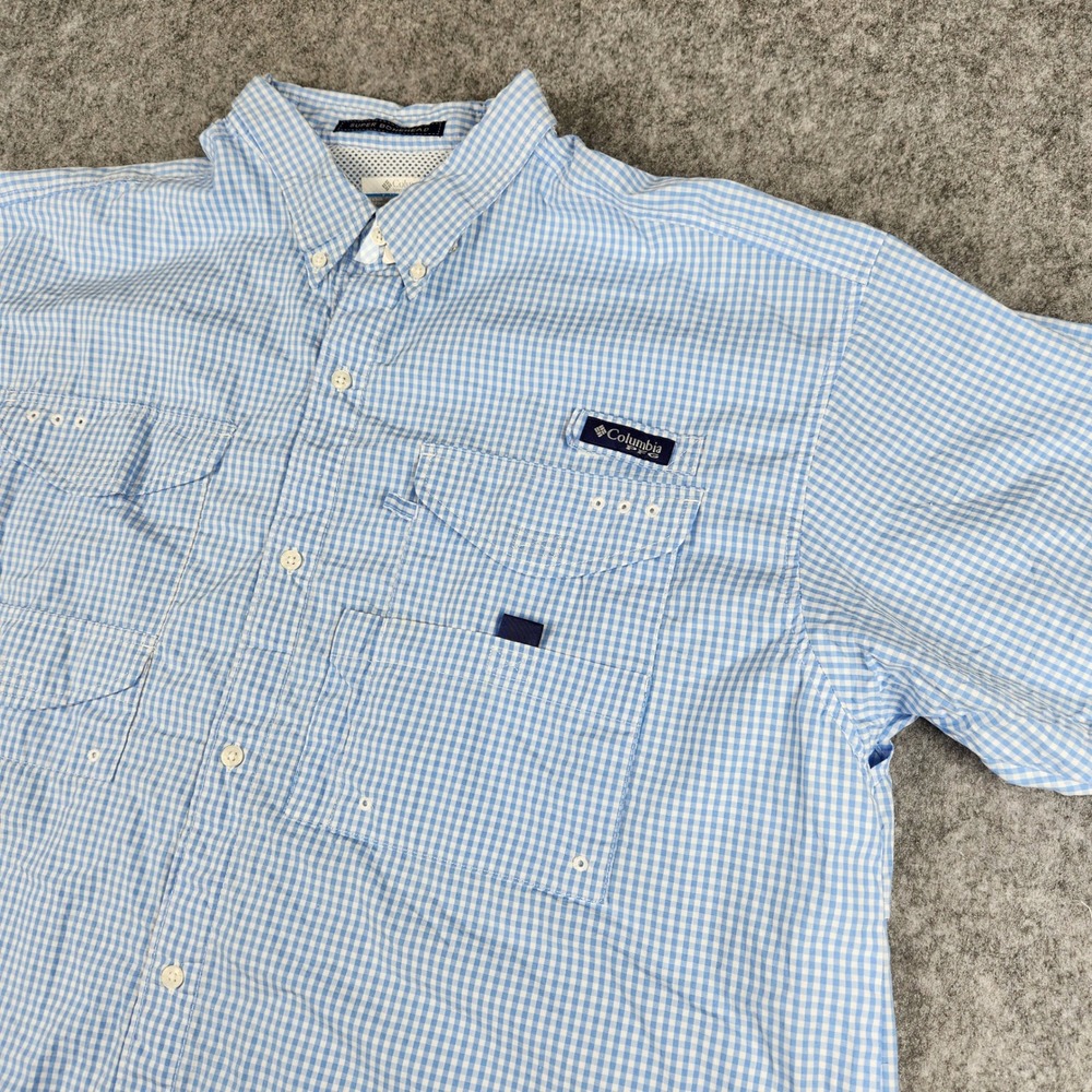 Columbia Super Bonehead Shirt Men XL Blue Gingham Plaid PFG Fishing Short Sleeve